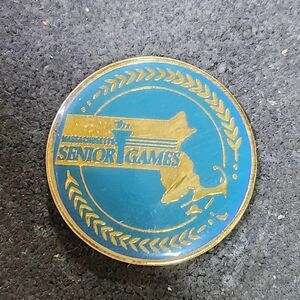 Massachusetts Senior Olympic Games Collectible Enamel Lapel Pin Blue Gold Round